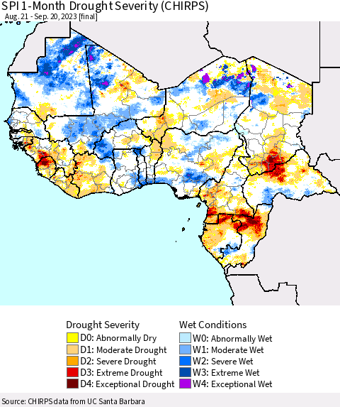 Western Africa SPI 1-Month Drought Severity (CHIRPS) Thematic Map For 8/21/2023 - 9/20/2023