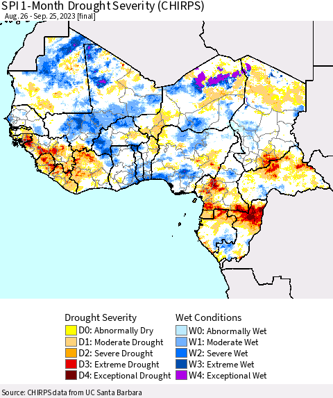 Western Africa SPI 1-Month Drought Severity (CHIRPS) Thematic Map For 8/26/2023 - 9/25/2023