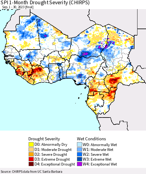 Western Africa SPI 1-Month Drought Severity (CHIRPS) Thematic Map For 9/1/2023 - 9/30/2023