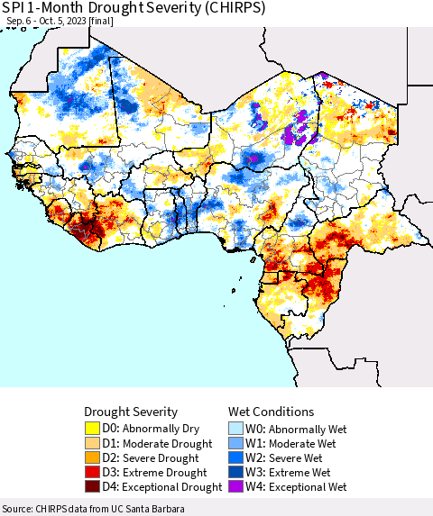 Western Africa SPI 1-Month Drought Severity (CHIRPS) Thematic Map For 9/6/2023 - 10/5/2023