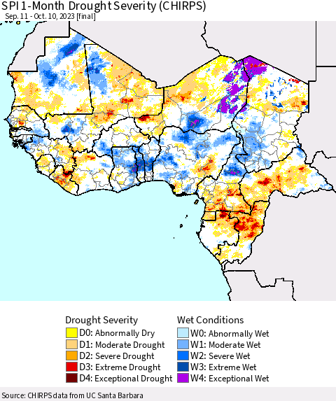 Western Africa SPI 1-Month Drought Severity (CHIRPS) Thematic Map For 9/11/2023 - 10/10/2023