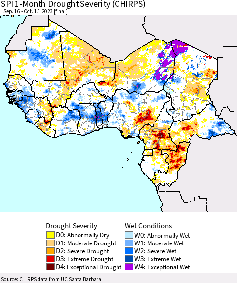 Western Africa SPI 1-Month Drought Severity (CHIRPS) Thematic Map For 9/16/2023 - 10/15/2023