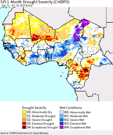 Western Africa SPI 1-Month Drought Severity (CHIRPS) Thematic Map For 9/21/2023 - 10/20/2023