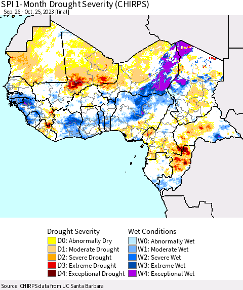 Western Africa SPI 1-Month Drought Severity (CHIRPS) Thematic Map For 9/26/2023 - 10/25/2023