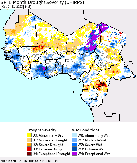Western Africa SPI 1-Month Drought Severity (CHIRPS) Thematic Map For 10/1/2023 - 10/31/2023