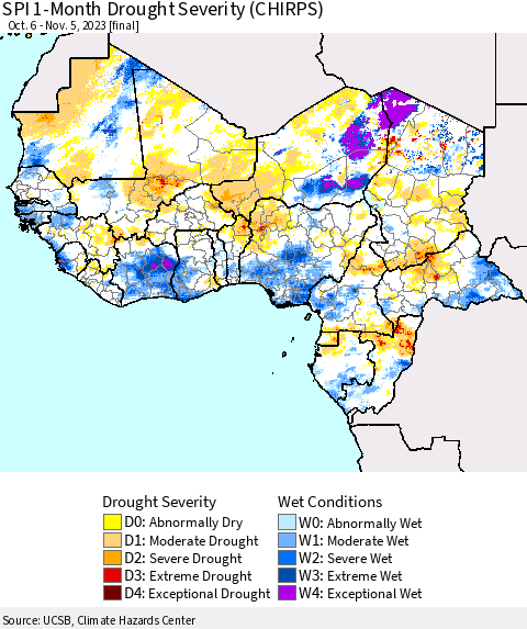 Western Africa SPI 1-Month Drought Severity (CHIRPS) Thematic Map For 10/6/2023 - 11/5/2023