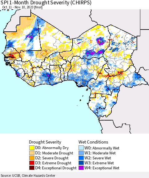 Western Africa SPI 1-Month Drought Severity (CHIRPS) Thematic Map For 10/11/2023 - 11/10/2023