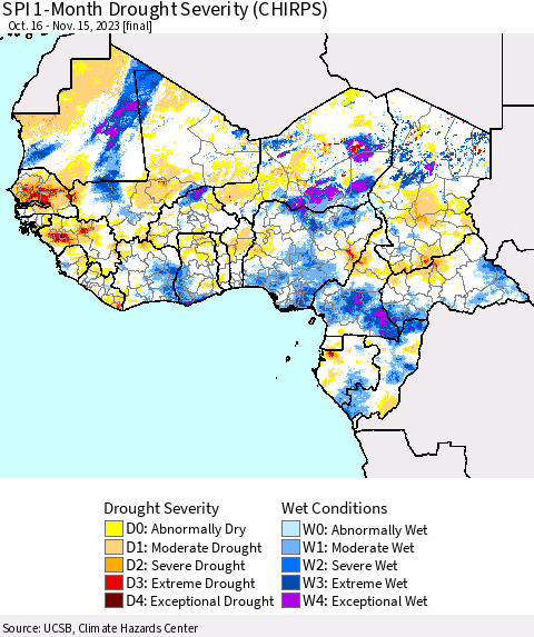 Western Africa SPI 1-Month Drought Severity (CHIRPS) Thematic Map For 10/16/2023 - 11/15/2023