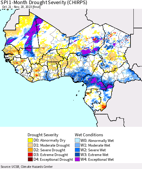Western Africa SPI 1-Month Drought Severity (CHIRPS) Thematic Map For 10/21/2023 - 11/20/2023