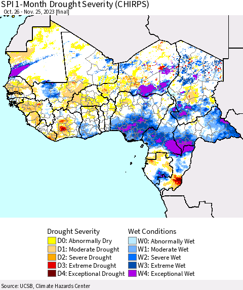 Western Africa SPI 1-Month Drought Severity (CHIRPS) Thematic Map For 10/26/2023 - 11/25/2023