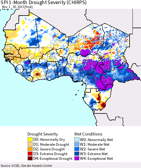 Western Africa SPI 1-Month Drought Severity (CHIRPS) Thematic Map For 11/1/2023 - 11/30/2023