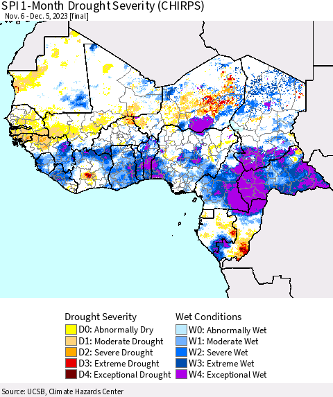 Western Africa SPI 1-Month Drought Severity (CHIRPS) Thematic Map For 11/6/2023 - 12/5/2023