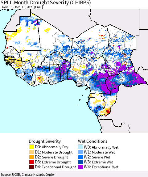 Western Africa SPI 1-Month Drought Severity (CHIRPS) Thematic Map For 11/11/2023 - 12/10/2023