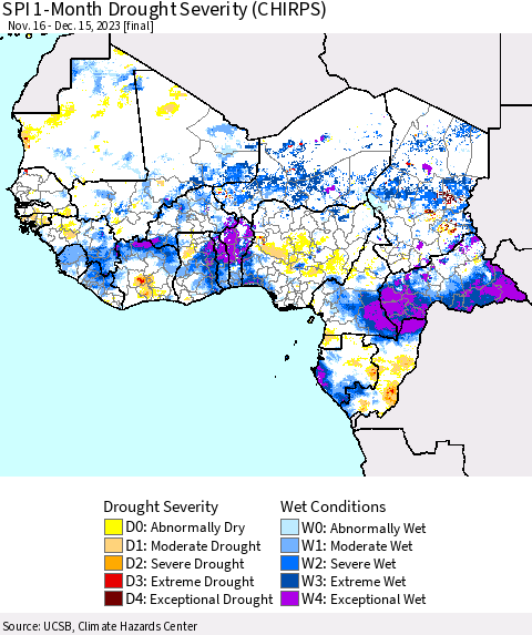 Western Africa SPI 1-Month Drought Severity (CHIRPS) Thematic Map For 11/16/2023 - 12/15/2023