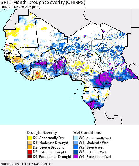 Western Africa SPI 1-Month Drought Severity (CHIRPS) Thematic Map For 11/21/2023 - 12/20/2023