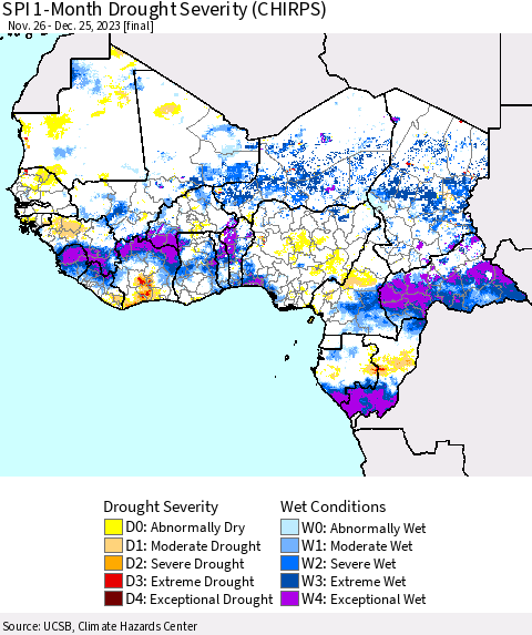 Western Africa SPI 1-Month Drought Severity (CHIRPS) Thematic Map For 11/26/2023 - 12/25/2023