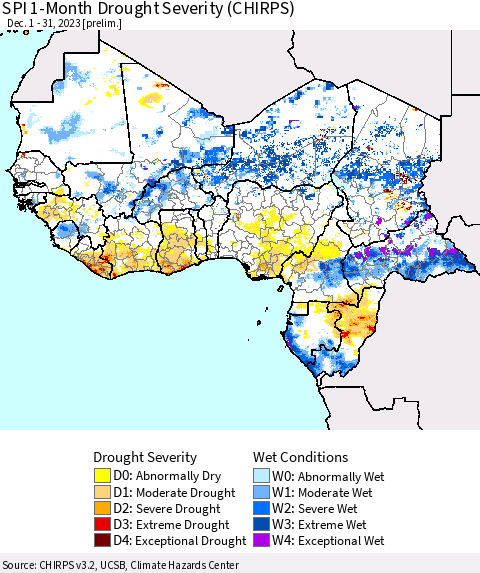 Western Africa SPI 1-Month Drought Severity (CHIRPS) Thematic Map For 12/1/2023 - 12/31/2023