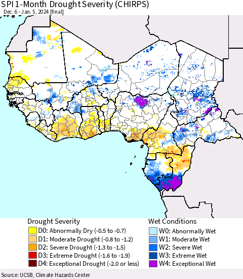 Western Africa SPI 1-Month Drought Severity (CHIRPS) Thematic Map For 12/6/2023 - 1/5/2024