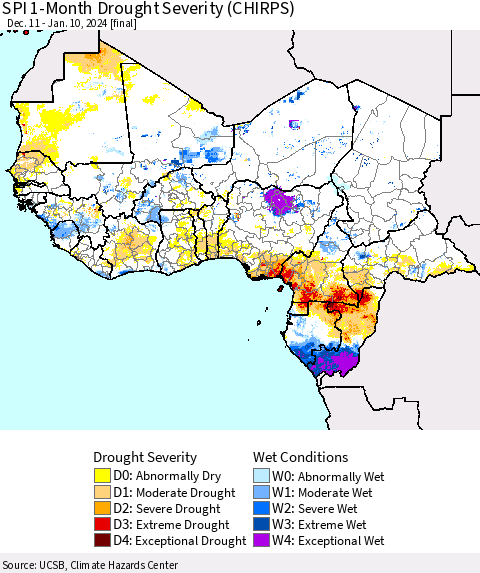 Western Africa SPI 1-Month Drought Severity (CHIRPS) Thematic Map For 12/11/2023 - 1/10/2024
