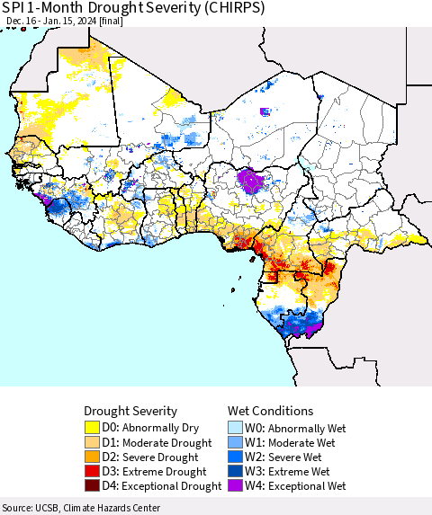 Western Africa SPI 1-Month Drought Severity (CHIRPS) Thematic Map For 12/16/2023 - 1/15/2024