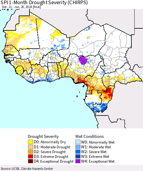 Western Africa SPI 1-Month Drought Severity (CHIRPS) Thematic Map For 12/21/2023 - 1/20/2024
