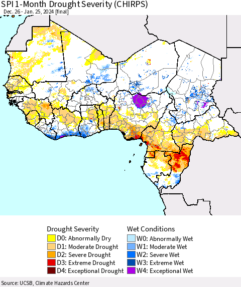 Western Africa SPI 1-Month Drought Severity (CHIRPS) Thematic Map For 12/26/2023 - 1/25/2024
