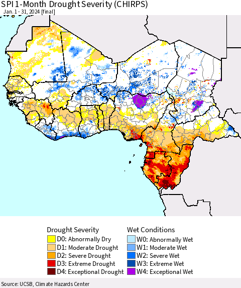 Western Africa SPI 1-Month Drought Severity (CHIRPS) Thematic Map For 1/1/2024 - 1/31/2024