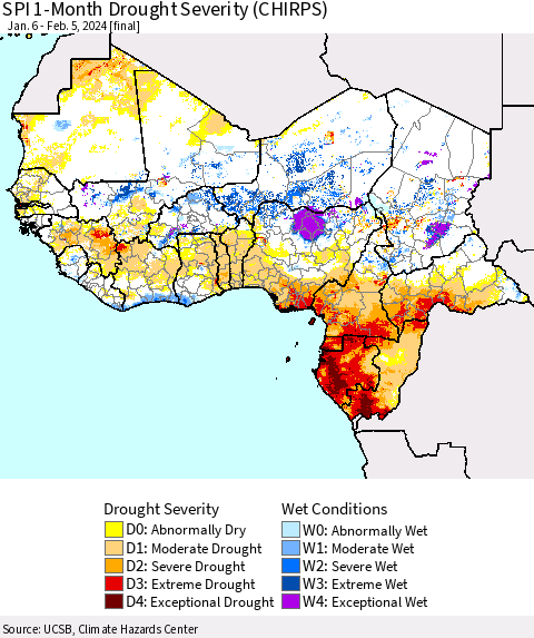 Western Africa SPI 1-Month Drought Severity (CHIRPS) Thematic Map For 1/6/2024 - 2/5/2024