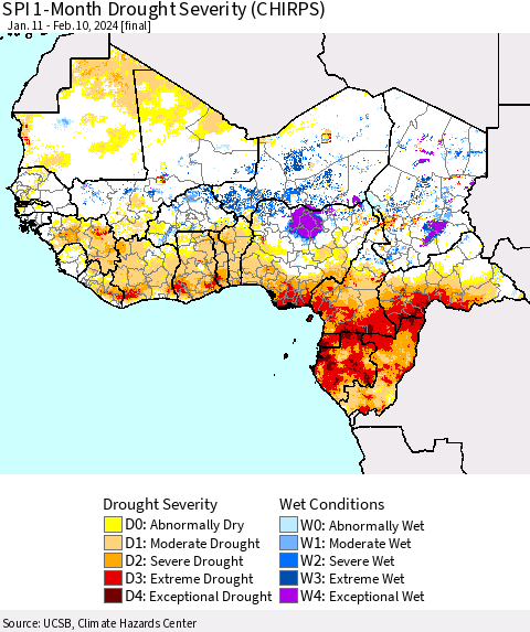 Western Africa SPI 1-Month Drought Severity (CHIRPS) Thematic Map For 1/11/2024 - 2/10/2024