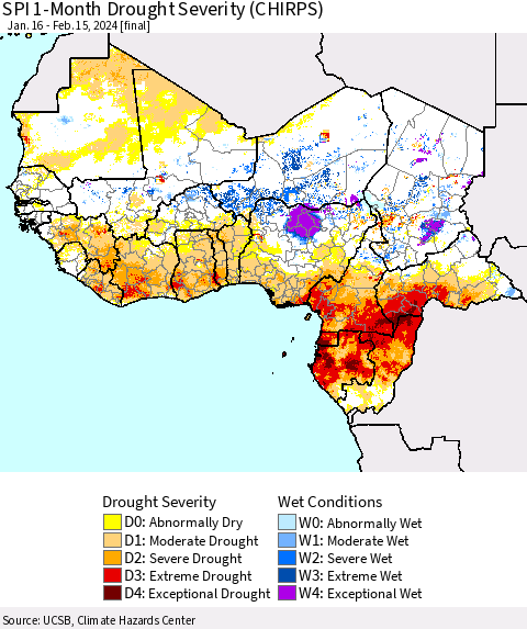 Western Africa SPI 1-Month Drought Severity (CHIRPS) Thematic Map For 1/16/2024 - 2/15/2024