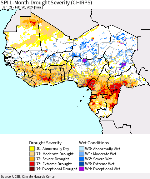 Western Africa SPI 1-Month Drought Severity (CHIRPS) Thematic Map For 1/21/2024 - 2/20/2024