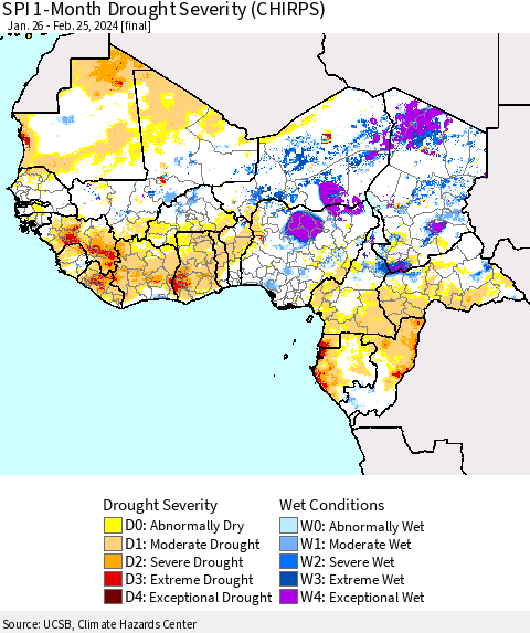 Western Africa SPI 1-Month Drought Severity (CHIRPS) Thematic Map For 1/26/2024 - 2/25/2024