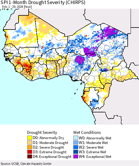Western Africa SPI 1-Month Drought Severity (CHIRPS) Thematic Map For 2/1/2024 - 2/29/2024