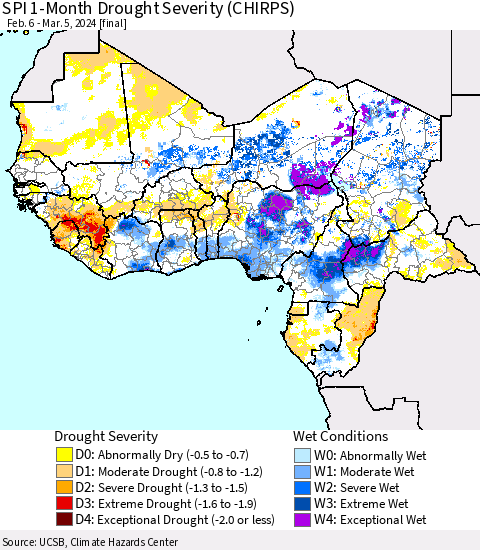 Western Africa SPI 1-Month Drought Severity (CHIRPS) Thematic Map For 2/6/2024 - 3/5/2024