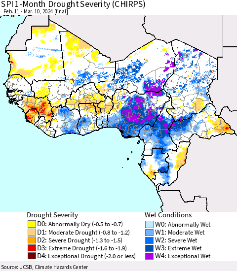 Western Africa SPI 1-Month Drought Severity (CHIRPS) Thematic Map For 2/11/2024 - 3/10/2024