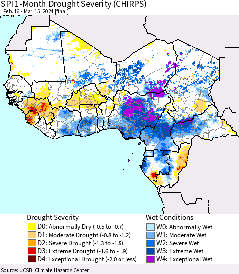 Western Africa SPI 1-Month Drought Severity (CHIRPS) Thematic Map For 2/16/2024 - 3/15/2024