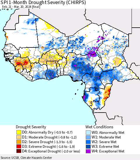 Western Africa SPI 1-Month Drought Severity (CHIRPS) Thematic Map For 2/21/2024 - 3/20/2024