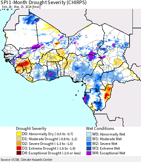 Western Africa SPI 1-Month Drought Severity (CHIRPS) Thematic Map For 2/26/2024 - 3/25/2024