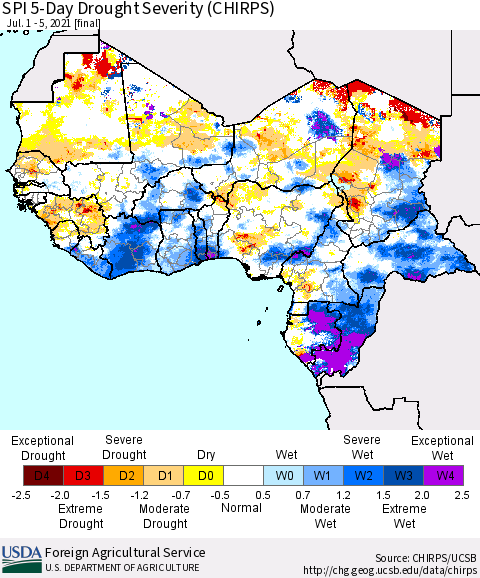 Western Africa SPI 5-Day Drought Severity (CHIRPS) Thematic Map For 7/1/2021 - 7/5/2021
