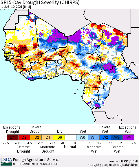Western Africa SPI 5-Day Drought Severity (CHIRPS) Thematic Map For 7/6/2021 - 7/10/2021