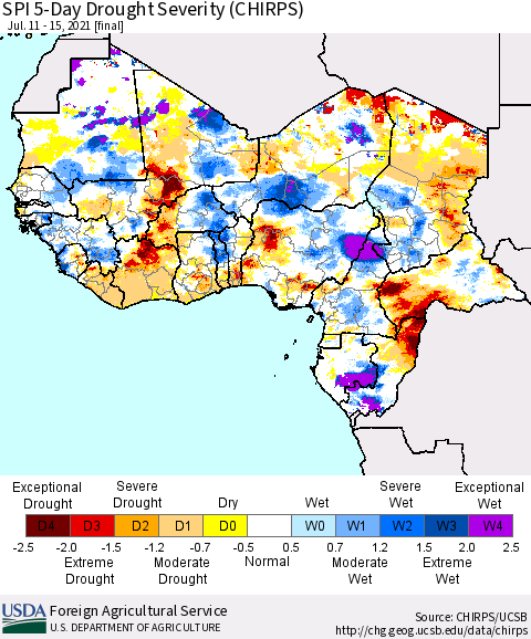 Western Africa SPI 5-Day Drought Severity (CHIRPS) Thematic Map For 7/11/2021 - 7/15/2021