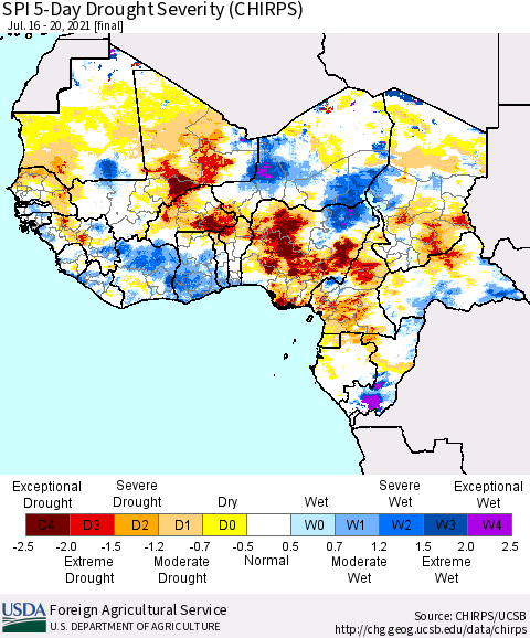 Western Africa SPI 5-Day Drought Severity (CHIRPS) Thematic Map For 7/16/2021 - 7/20/2021