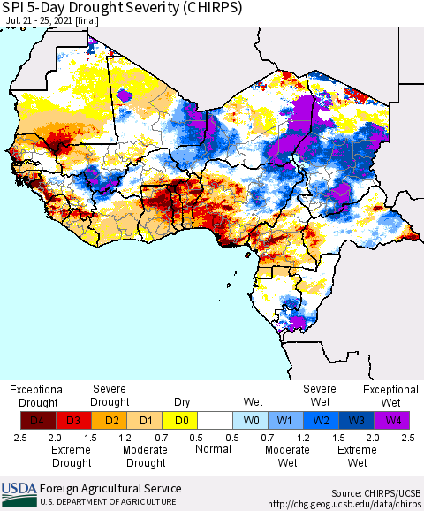Western Africa SPI 5-Day Drought Severity (CHIRPS) Thematic Map For 7/21/2021 - 7/25/2021