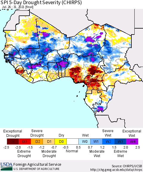 Western Africa SPI 5-Day Drought Severity (CHIRPS) Thematic Map For 7/26/2021 - 7/31/2021