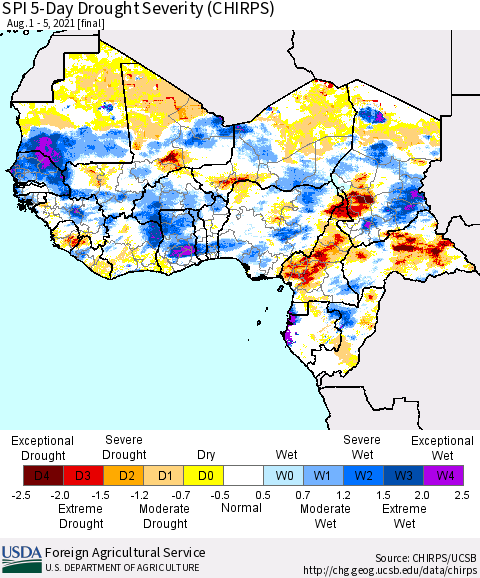 Western Africa SPI 5-Day Drought Severity (CHIRPS) Thematic Map For 8/1/2021 - 8/5/2021