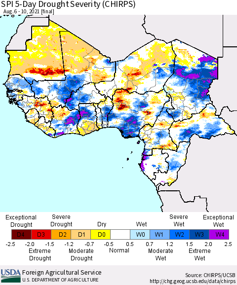 Western Africa SPI 5-Day Drought Severity (CHIRPS) Thematic Map For 8/6/2021 - 8/10/2021