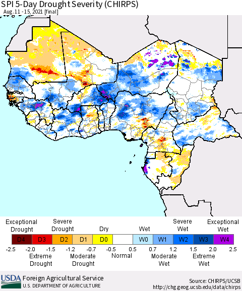 Western Africa SPI 5-Day Drought Severity (CHIRPS) Thematic Map For 8/11/2021 - 8/15/2021