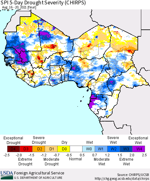 Western Africa SPI 5-Day Drought Severity (CHIRPS) Thematic Map For 8/16/2021 - 8/20/2021