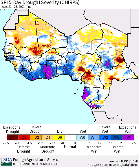 Western Africa SPI 5-Day Drought Severity (CHIRPS) Thematic Map For 8/21/2021 - 8/25/2021