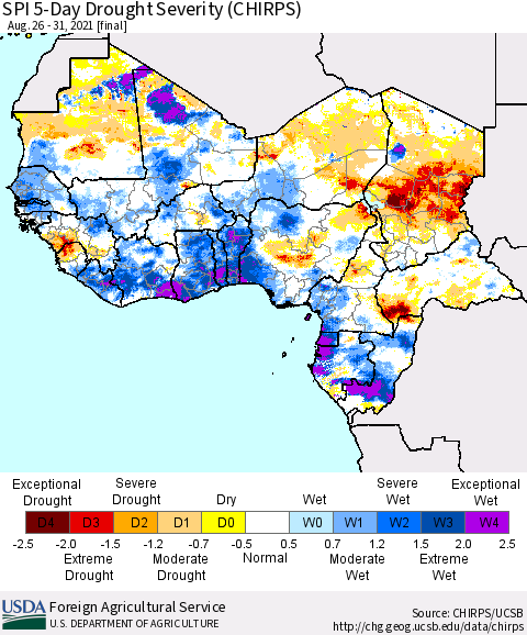 Western Africa SPI 5-Day Drought Severity (CHIRPS) Thematic Map For 8/26/2021 - 8/31/2021